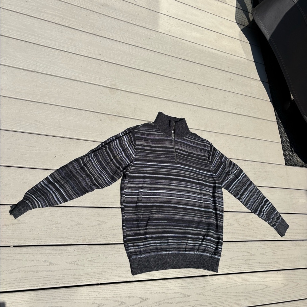 Men's Zip-Up Striped Sweater - Black and Gray